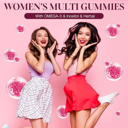 Womens Multivitamin Gummies with Prebiotics, Omega-3, Inositol, FOS, Vitamins A, C, D3, E, B12 – Sugar-Free Daily Support Heart, Brain Health, Gut, Digestion, Energy, Immune, Berry Flavor