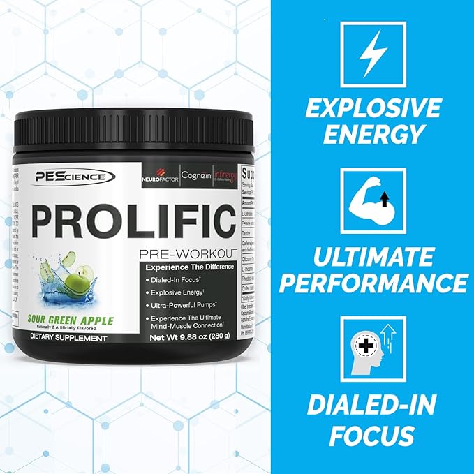 PEScience Prolific Pre Workout Powder, Sour Green Apple, 40 Scoop, Energy Supplement with Nitric Oxide