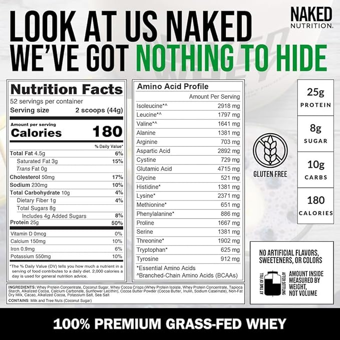 Naked Whey Cookies and Cream Protein Powder - Grass Fed Whey Protein Powder, Non-GMO, No Soy, and Gluten Free - 52 Servings