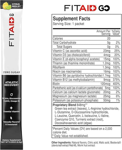 LIFEAID FITAID GO! ZERO SUGAR Recovery + Hydration Packet, W/ BCAAs, Glucosamine, Electrolytes, Omega-3s, 100% Clean, Vegan & Gluten-Free, Naturally Sweetened, 30 Count (Pack of 1)