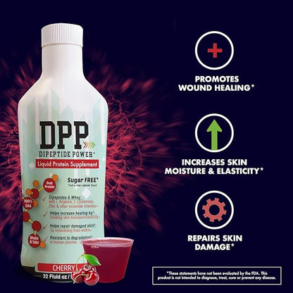 Nutritional Designs DPP Dipeptide, Wound-Healing Liquid Collagen & Whey Protein Supplement, Sugar-Free, Promotes Healthy Skin & Hair for Men & Women (Cherry, Bottle, 32 Fl Oz)