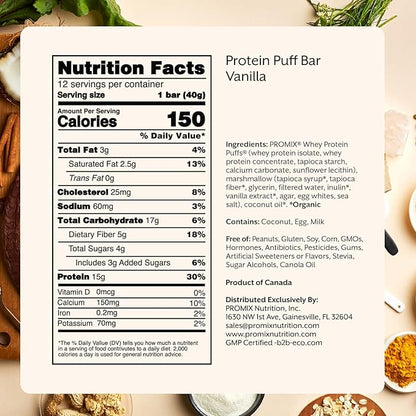 ProMix Nutrition Protein Puff Bars, 12-Pack - Madagascar Vanilla - Marshmallow Crispy Treat - Great Tasting & Healthy On The Go Snack - High Protein & Low Calorie - Non-GMO & Free From Gluten, Soy, & Corn.
