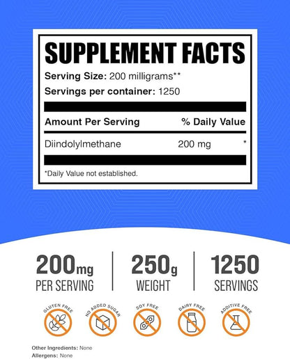 BulkSupplements.com DIM Powder - Diindolylmethane Powder, DIM Supplement for Men & Women - DIM 200mg, Gluten Free - 200mg per Serving, 250g (8.8 oz) (Pack of 1)