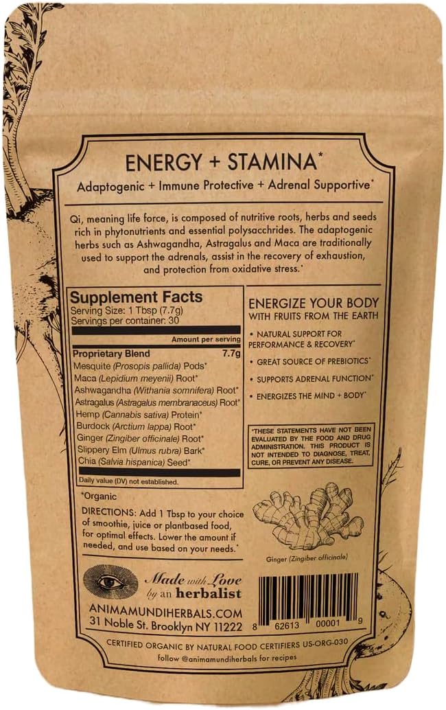 Anima Mundi Qi Energy + Protein Superfood Powder - Adaptogenic Adrenal Support Supplement Powder with Ashwagandha and Slippery Elm - Mood and Energy Support Supplement and Protein Powder (8oz / 227g)
