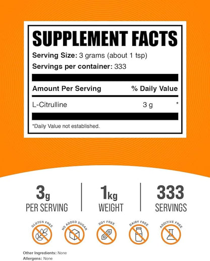 BulkSupplements.com L-Citrulline Powder - Citrulline Supplement, Citrulline Powder - L-Citrulline 3000mg, Unflavored & Gluten Free - 3g per Servings, 1kg (2.2 lbs) (Pack of 1)