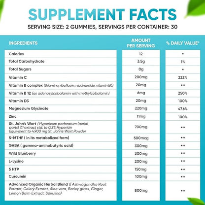 Sugar Free 22 in 1 Calm Mood Gummies St. John's Wort, 5-HTP, GABA, Ashwagandha| Magnesium Glycinate Gummies | Non-GMO, Natural Support Stress & Relaxation, Mood & Energy | Vegan, 60 ct.