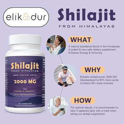 2000 MG Shilajit Supplement, Shilajit Resin Organic, Shilajit Capsules, 100% Pure Shilajit with 85+ Trace Minerals & 60% Fulvic Acid, Boost Energy & Immunity, Vegetarian, Natural, 120 Capsules