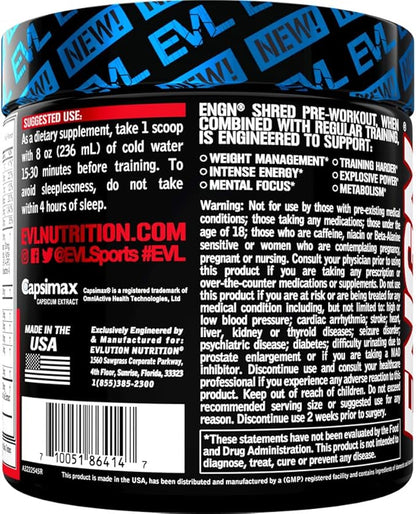EVL Ultimate Pre Workout Powder - Thermogenic Fat Burn Support Preworkout Powder Drink for Lasting Energy Focus and Stamina - ENGN Shred Intense Creatine Free Preworkout Drink Mix - Fruit Punch
