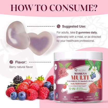 Womens Multivitamin Gummies with Prebiotics, Omega-3, Inositol, FOS, Vitamins A, C, D3, E, B12 – Sugar-Free Daily Support Heart, Brain Health, Gut, Digestion, Energy, Immune, Berry Flavor