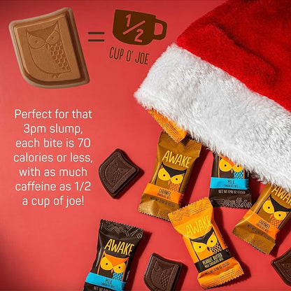 AWAKE - Caffeinated Chocolate Bites - Coffee Alternative - 50mg Caffeine - Energy Bars - Low-Calorie Snacks - Peanut Butter, Milk & Caramel Holiday Variety Pack - 50 Bites