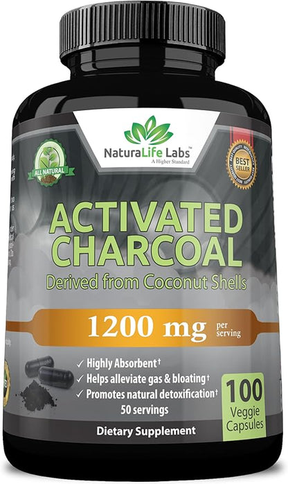 Activated Charcoal Capsules - 1,200 mg Highly Absorbent Helps Alleviate Gas & Bloating Promotes Natural detoxification Derived from Coconut Shells - per Serving - 100 Vegan Capsules