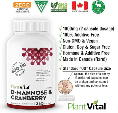 Plantvital D Mannose Capsules with Cranberry - D-mannose 1000mg Capsules - High Potency for Bladder, Kidney and Urinary Tract Support. Cranberry Powder with Hibiscus and Dandelion. 6 Months Supply