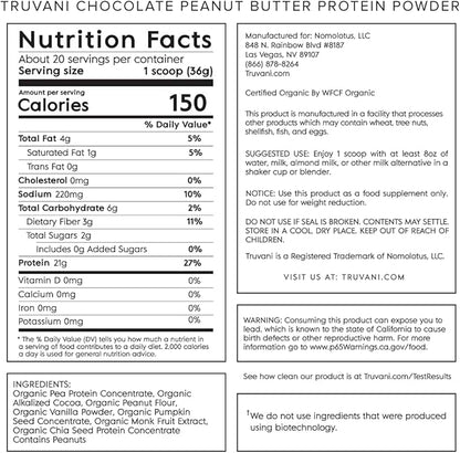 Truvani Vegan Pea Protein Powder | Chocolate Peanut Butter | 20g Organic Plant Based Protein | 20 Servings | Keto | Gluten & Dairy Free | Low Carb | No Added Sugar