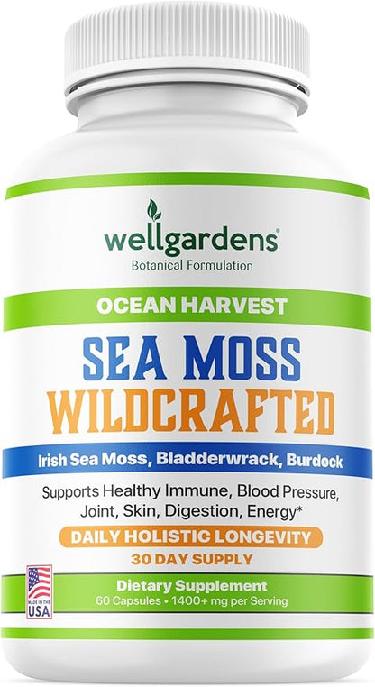 100% Pure Sea Moss, Organic Superfood - Irish Seamoss, Bladderwrack, Burdock Root - Supports Healthy Immune, Blood Pressure, Joint, Skin, Digestion, Energy - 60 Sea Moss Capsules