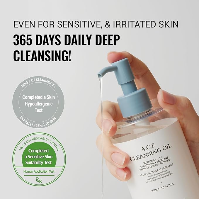 ASNO Multi-Vitamin A.C.E Cleansing Oil 300ml Blackhead Whitehead Sebum Pore Care Vitamin A C E Glutathione Aloe vera Squalane Centella Asiatica 6-types of Vegan oils