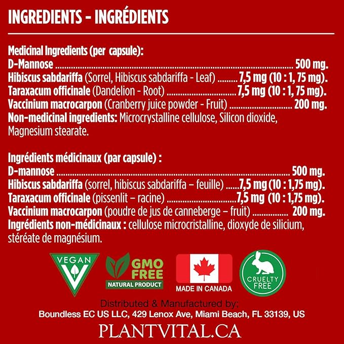 Plantvital D Mannose Capsules with Cranberry - D-mannose 1000mg Capsules - High Potency for Bladder, Kidney and Urinary Tract Support. Cranberry Powder with Hibiscus and Dandelion.4 Months Supply