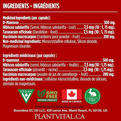 Plantvital D Mannose Capsules with Cranberry - D-mannose 1000mg Capsules - High Potency for Bladder, Kidney and Urinary Tract Support. Cranberry Powder with Hibiscus and Dandelion. 6 Months Supply