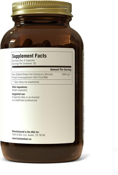 HEART & SOIL Grass-Fed Colostrum – Dietary Supplement for Skin Health & Exercise Recovery-Non-GMO, Allergen-Free Colostrum Supplement for Immune Support, Gut Health, & More - 180 Capsules