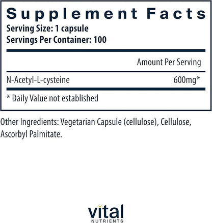 Vital Nutrients NAC 600mg | N-Acetyl Cysteine | Vegan NAC Supplement | Antioxidant for Sinus, Liver, Immune, and Respiratory Health* | Gluten, Dairy, Soy Free | 100 Capsules