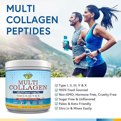 Terranics Multi Collagen Peptides Powder, Type I II III V X Hydrolyzed Collagen for Women+Men, Collagen Supplements for Skin Nail Hair & Joint, Fast Dissolve, Unflavored Colageno, No Sugar, Keto, 16oz