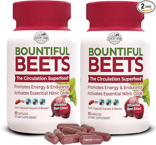 COUNTRY FARMS Bountiful Beets Root Capsules, Wholefood Beet Extract Superfood, Natural Nitric Oxide Booster, Supports Natural Energy, Circulation and Immune Support, 180 Count, 2 Pack