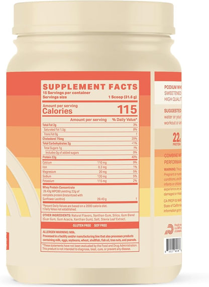 Podium Nutrition Whey Protein Powder, Vanilla Ice Cream, 22g Protein Per Serving with Digestive Enzymes, Whey Protein Isolate & Concentrate, Gluten Free, Low Carb, Low Sugar & Soy Free, 15 Servings