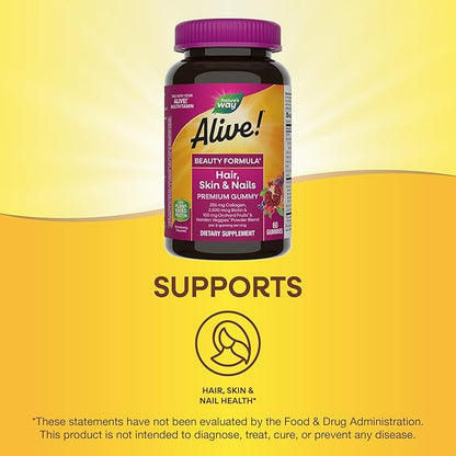 Nature's Way Alive! Hair, Skin & Nails Premium Gummies, Beauty Formula*, with Collagen, Biotin, Vitamins C & E, Strawberry Flavored, 60 Gummies (Packaging May Vary)