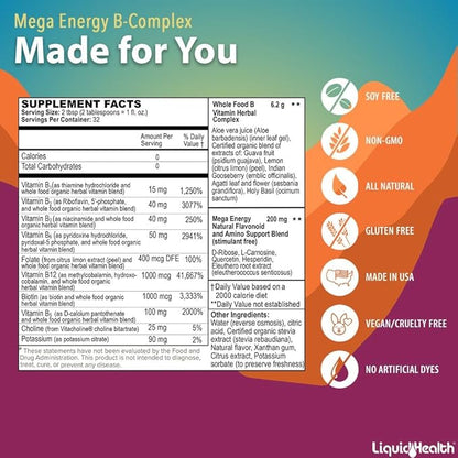 LIQUIDHEALTH Mega Energy Methylated B-Complex, Adult Liquid Vitamin Supplement - Increase Energy, Relieve Stress & Fatigue, Immune System Support, Heart & Gut Health - Vegan, Sugar-Free (32 oz)