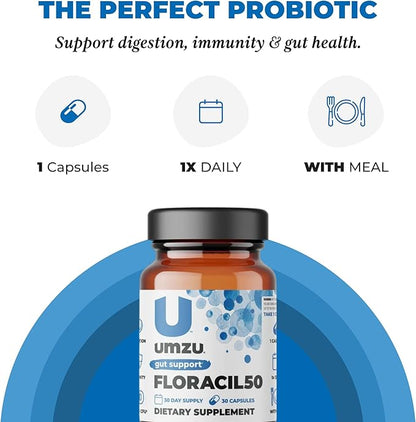 UMZU Floracil50 Prebiotics and Probiotics Supplement for Gut Health | 50 Billion CFU with 8 Strains of Bacteria to Support Digestion, Immunity & Energy (30 Day Supply | 30 Capsules)