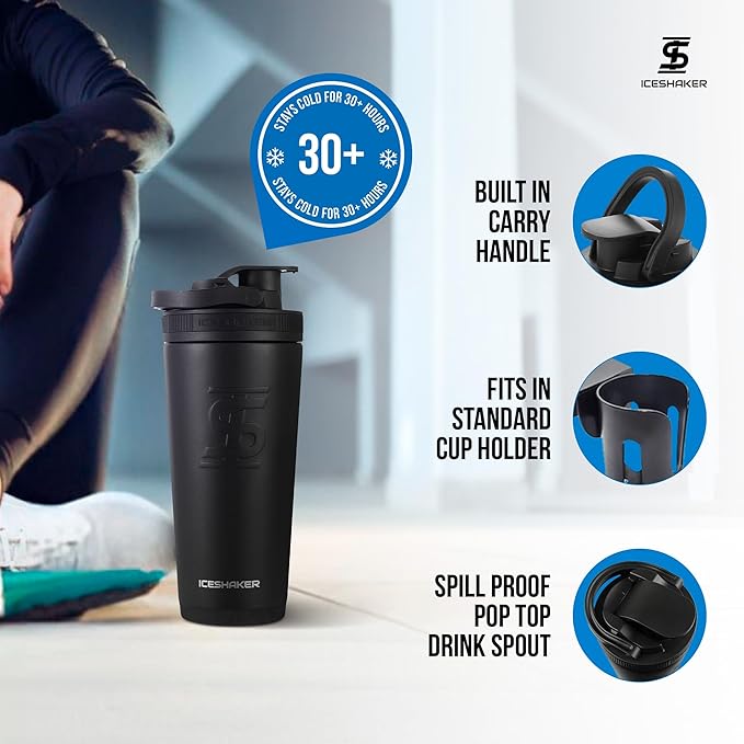 Ice Shaker Insulated Stainless Steel Shaker Bottle | 26oz, Black | Cold for 30+ Hours | Insulated Cup with Twist-on Agitator | Odor-Free Shaker Cup for Protein Shakes, Water, Smoothies, Cocktails