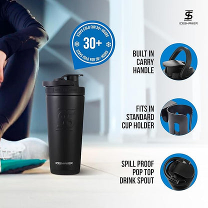 Ice Shaker Insulated Stainless Steel Shaker Bottle | 26oz, Black | Cold for 30+ Hours | Insulated Cup with Twist-on Agitator | Odor-Free Shaker Cup for Protein Shakes, Water, Smoothies, Cocktails