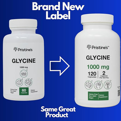 PRISTINE'S Glycine (3 Pack) 1000MG Amino Acid Sleep Support Supplement Capsules - 180 Day Supply - Muscle Recovery, Collagen & Kidney Support Supplement - Vegan, Non GMO, Gluten Free
