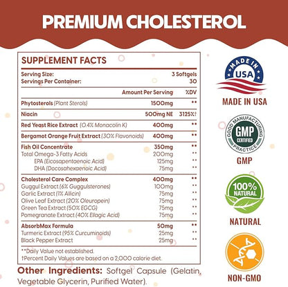 3600 MG Cholesterol Supplements with Plant Sterols, Niacin, Red Yeast Rice, Citrus Bergamot, Garlic, Cholesterol Supplement Support Normal Cholesterol Levels, 360 Softgels