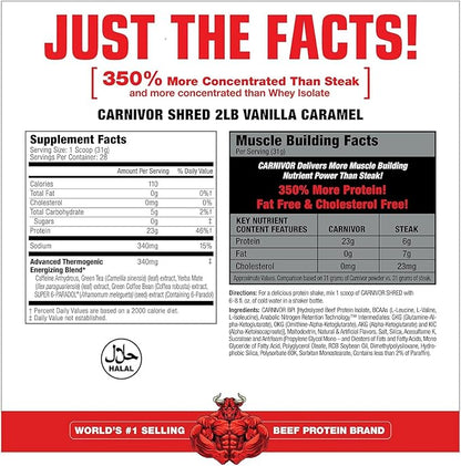 MuscleMeds Carnivor Shred Fat Burning Hydrolized Beef Protein Isolate, 0 Lactose, 0 Sugar, 0 Fat, Vanilla Caramel, 2 Pound, 28 Servings