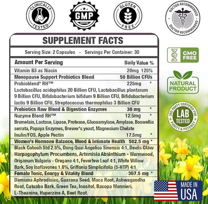 Lovely Menopause Supplement for Women - Hormone Balance, Hot Flashes, Mood Swings, Night Sweats & Vaginal Health, Dryness Relief - Black Cohosh, Dong Quai, Ashwagandha & Probiotics, 60 ct