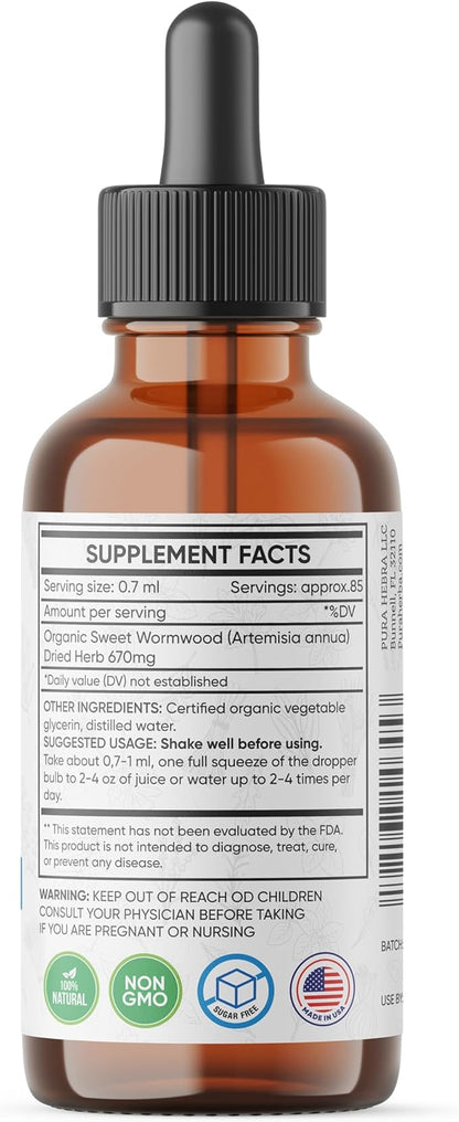 Organic Sweet Wormwood Liquid Drops - Natural Parasite Cleanse and Gut Detox Support for Adults - Vegan, Alcohol-Free, Made in USA, 2 Fl Oz