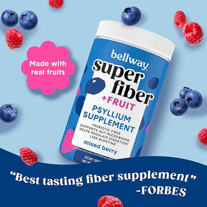 Bellway Super Fiber Powder + Fruit (3 Pack), Sugar Free Organic Psyllium Husk Powder Fiber Supplement for Regularity, Bloating Relief & Gut Health, Non-GMO, Plant-Based, Mixed Berry (150 Servings)