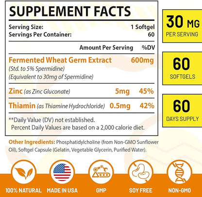 30mg Spermidine Supplement, Liposomal Spermidine, High Absorption, More Potent Than Spermidine 3HCL, Fermented Wheat Germ Extract, Spermidine for Women & Men, Cellular Renewal, Longevity, 120 Softgels