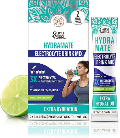 GuruNanda Hydramate Hydration Support Drink Mix - Electrolyte Powder Packets for Dehydration, Exercise & Energy - No Added Sweeteners, Non-GMO, Natural Lemon Lime Flavor - 2 Count (0.56 oz Each)