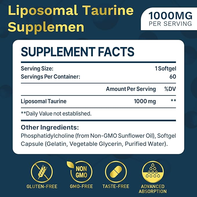 Liposomal Taurine Supplement 1000mg, High Absorption Amino Acid for Heart, Nerve, Brain, Visual, Longevity & Muscle (60 Softgels - 1 Pack)