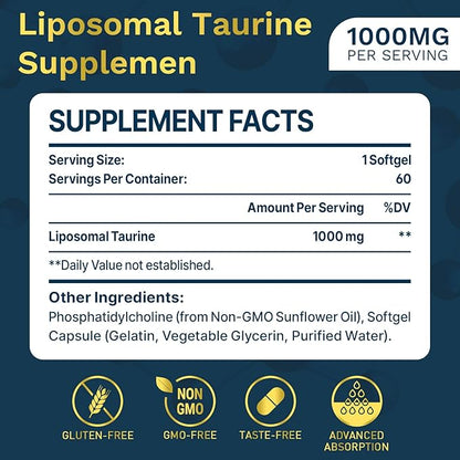 Liposomal Taurine Supplement 1000mg, High Absorption Amino Acid for Heart, Nerve, Brain, Visual, Longevity & Muscle (60 Softgels - 1 Pack)