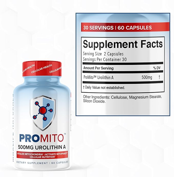 ProMito - Urolithin A Supplement - 500mg Pure Urolithin A Dietary Supplement for Men & Women - Good Alternative to NMN, NAD, CoQ10, Resveratrol & PQQ - Max Life Naturals, 60 Capsules
