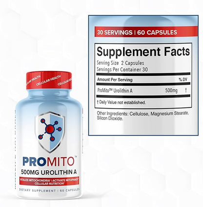 ProMito - Urolithin A Supplement - 500mg Pure Urolithin A Dietary Supplement for Men & Women - Good Alternative to NMN, NAD, CoQ10, Resveratrol & PQQ - Max Life Naturals, 60 Capsules