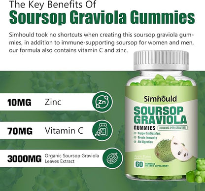1 Pack Soursop Graviola Gummies - 3000mg Extra Strength Soursop Leaves Supplement with Vitamin C, Zinc - Digestive Aid, Immune Support & Antioxidant - Sugar-Free, Non-GMO, Vegan, 60 Counts