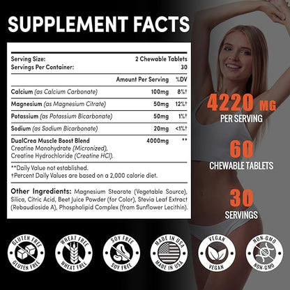 Creatine Chews Tablets for Men & Women, 4220 Mg Chewable Creatine Monohydrate for Energy, Faster Recovery, Strength, Superior Absorption with Liposomal & Micronized, Non-GMO, 60 Servings
