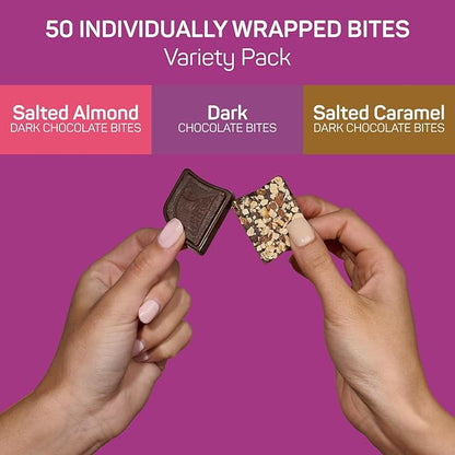 AWAKE - Caffeinated Chocolate Bites - Dark Chocolate Variety Pack (3 Flavors), 50 Bites - Dark, Salted Almond, & Salted Caramel - 50mg Caffeine - Coffee Alternative - Fairtrade, Gluten Free - 0.48oz