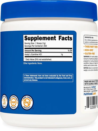 Nutricost Acetyl L-Carnitine (ALCAR) 250 Grams Powder - 1G Per Serving - 250 Servings