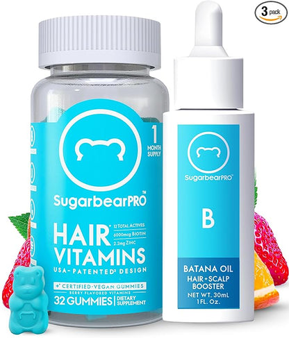 Sugarbear Hair Vitamin Gummy 1 Month Supply & 1 Pure Batana Natural Hair Growth Oil-Extra Strength Biotin 6000mcg, Women, Men, Vegan Vitamin B12, MSM, Inositol, Elderberry, Kosher, Halal, Cruelty-Free