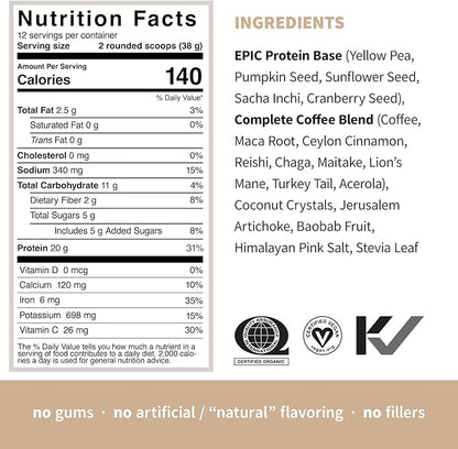 Sprout Living, Epic Protein, Plant Based Protein & Superfoods Powder, Complete Coffee | 20 Grams Organic Protein Powder, Adaptogens, Mushrooms, Vegan, Non-GMO, Gluten Free (1 Pound, 12 Servings)