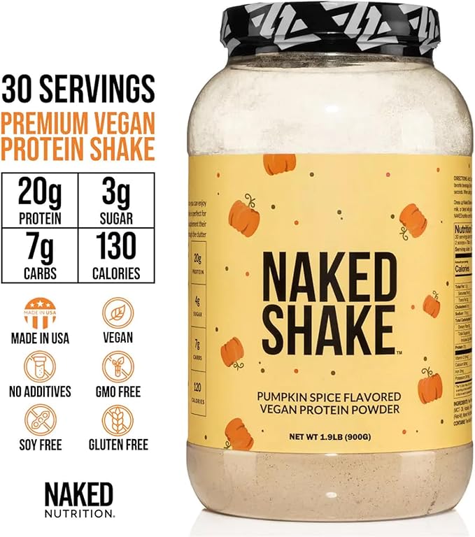 Naked Shake - Pumpkin Spice Protein Shake - Flavored Plant Based Protein with Mct Oil - Gluten-Free, Soy-Free, No Gmos Or Artificial Sweeteners - 30 Servings